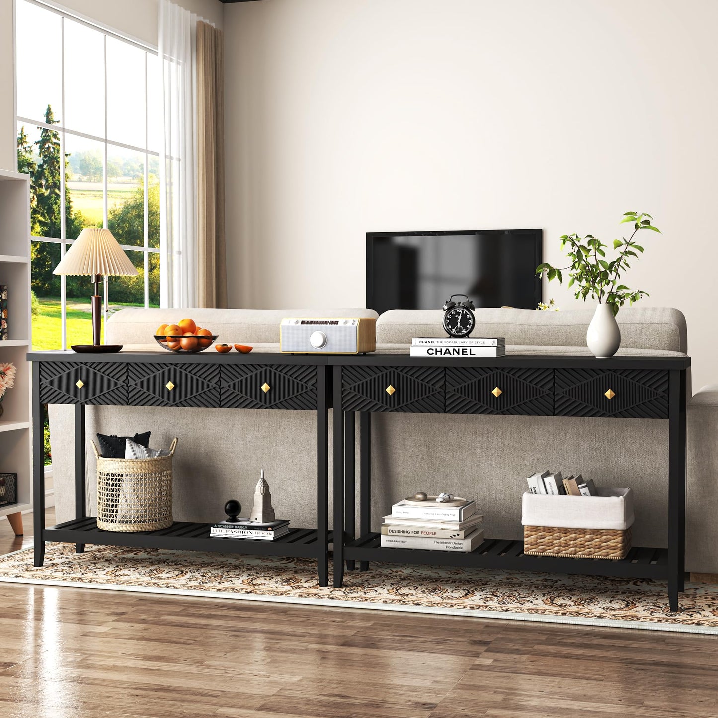 BHAODEAL 47" Console Table with 3 Drawers, Fluted Narrow Long Entryway Table with Storage Shelf, Accent Table for Entryway, Living Room, Behind Couch, Foyer, Hallway, Office