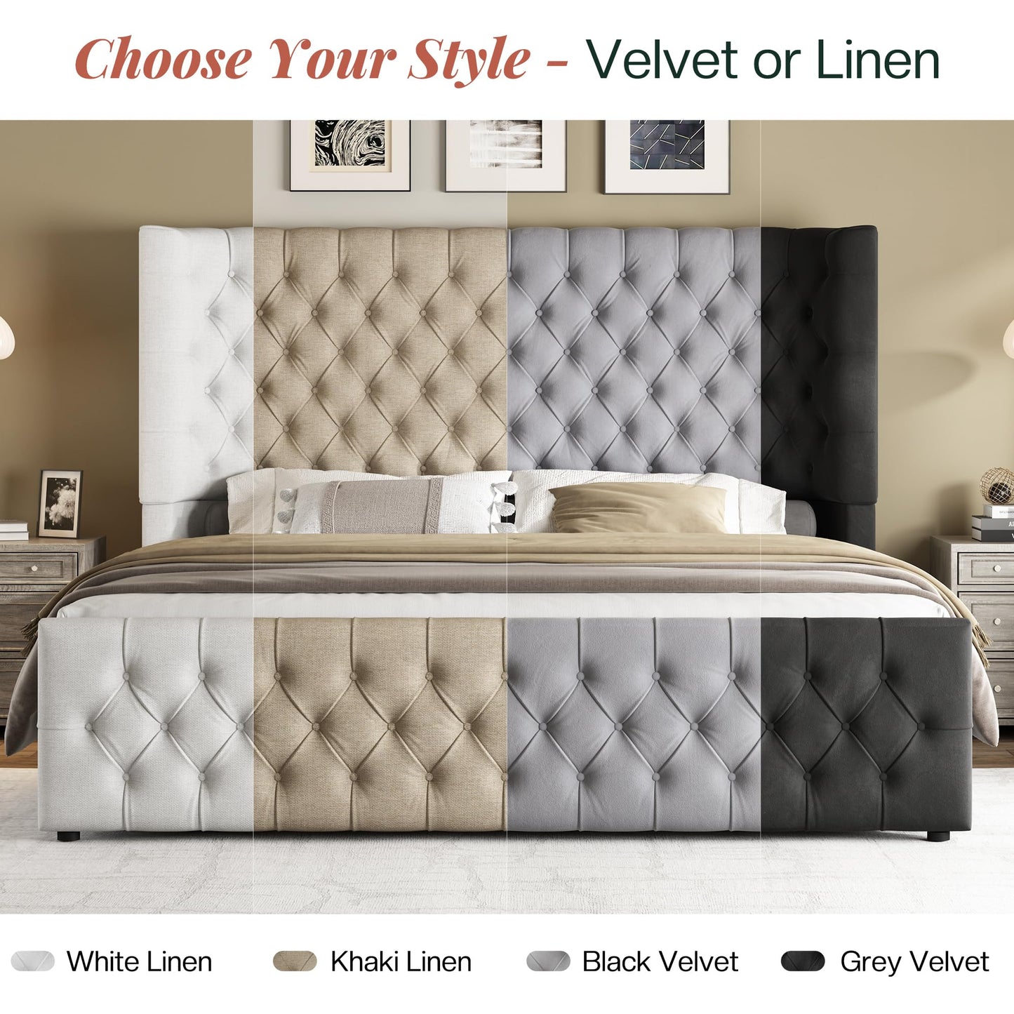 Jocisland Queen Size Platform Bed Frame, 6.3" Thick Upholstered Curved Wingback Headboard and Footboard with Deep Button Tufted, Easy Assembly, No Box Spring Needed, Light Grey Velvet
