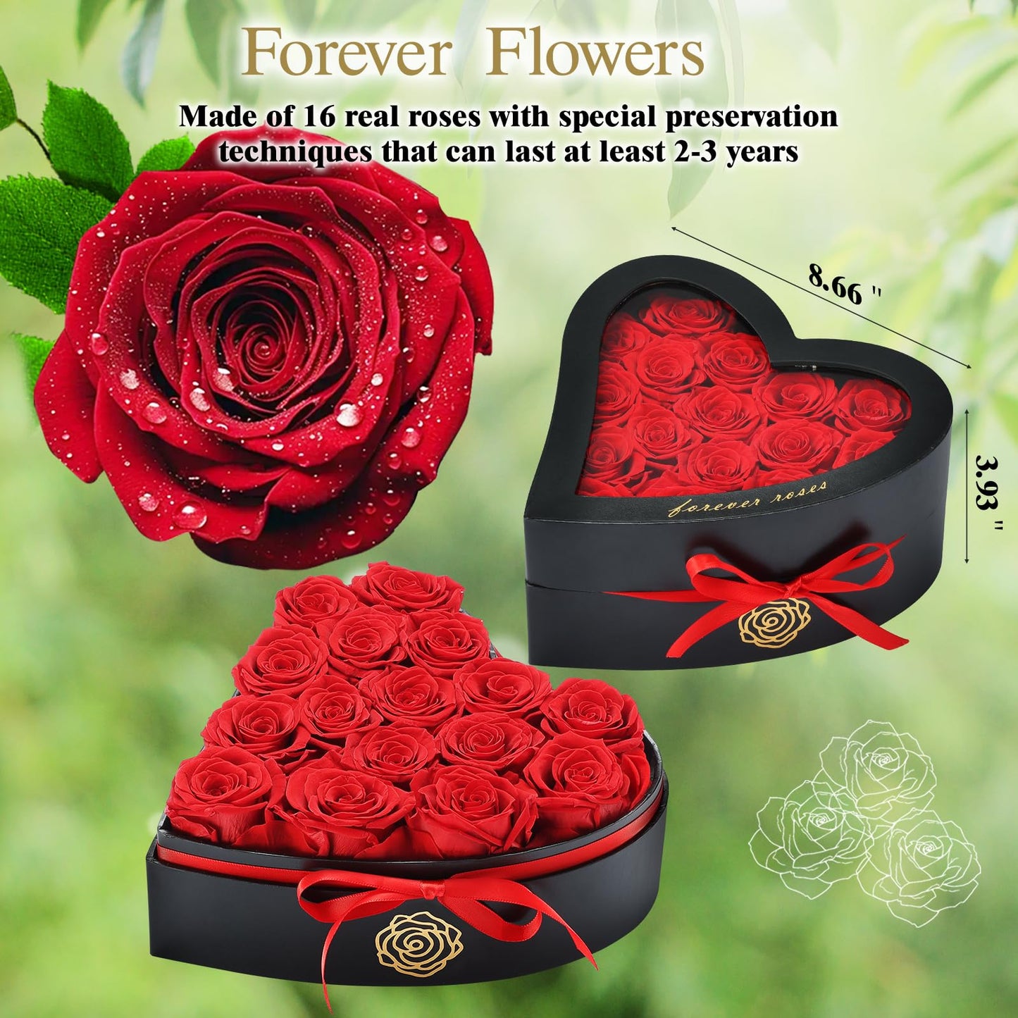 HERBMOTG 16 Forever Flowers in Heart Shaped Box - Preserved Roses Romantic Gifts for Her, Valentine’s Day, Anniversary, Wedding (Red)