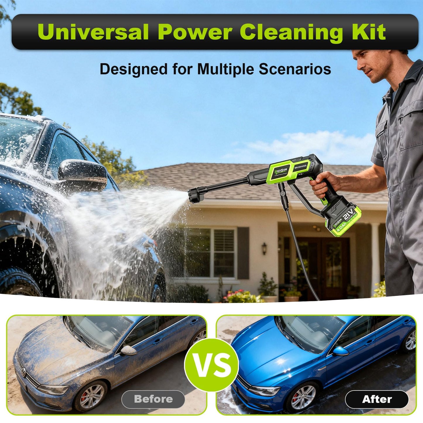 Cordless Portable Car Washer-Brushless Motor, 2X4000mAh Batteries & Fast Charger, 6-in-1 Nozzle, Extension Rod, 16.4FT Hose & Storage Case, Handheld Car Cleaning Tool for Car/Home/Patio & Garden