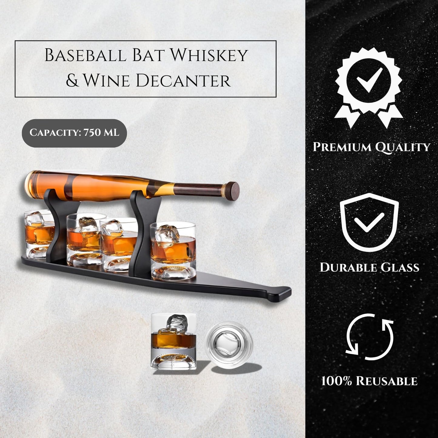 Baseball Themed Whiskey Decanter Set - 20Oz Bat Shaped Decanter with 2 11OZ Glasses, Birthday Gift for Men, Brothers, Boyfriends, Coaches – Ideal for Liquor, Tequila and Bourbon with Giftable Box