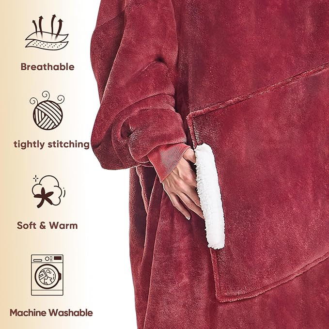 yescool Wearable Blanket Hoodie, Flannel Sherpa Fleece Blanket Sweatshirt for Adults Women Men,One Size Fits All