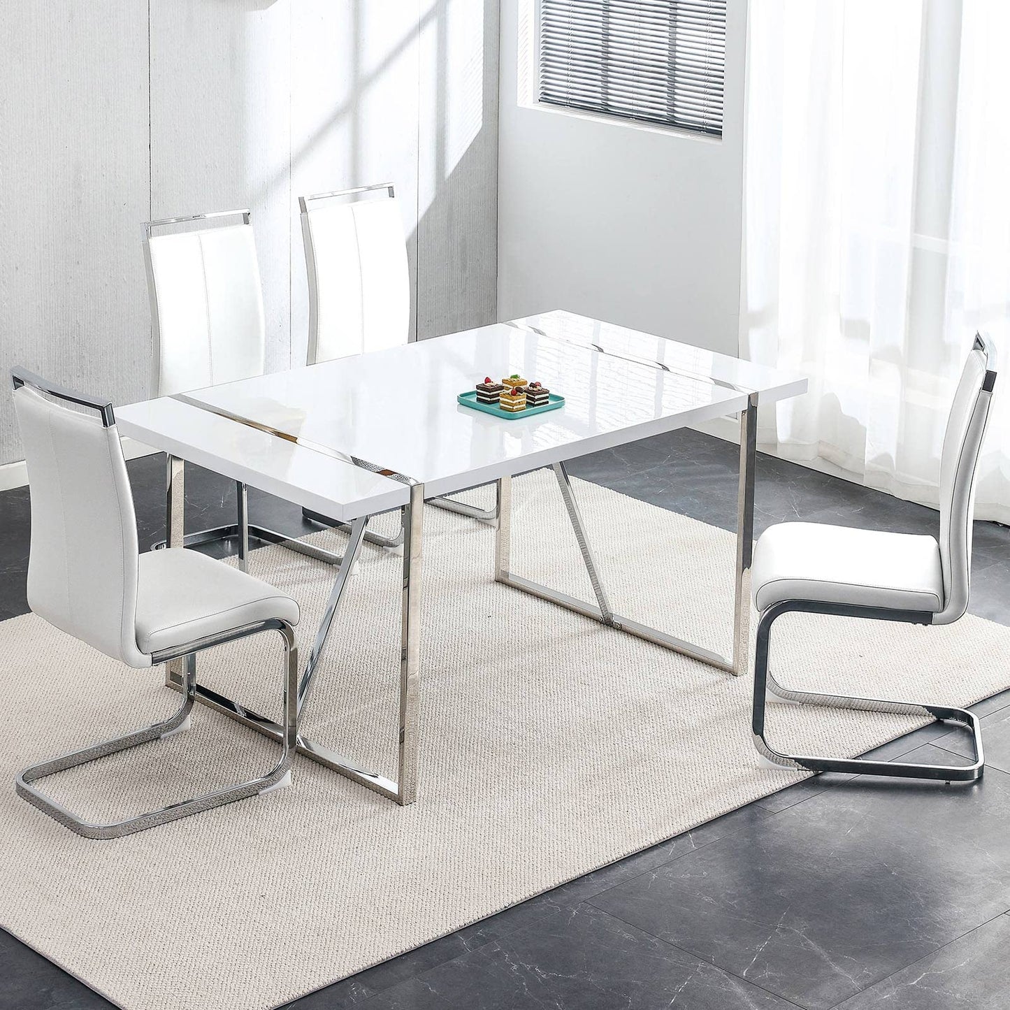 Dining Table Set for 4，White Rectangular MDF Kitchen Table and Leather Dining Chairs Set of 4, 5 Piece Dining Table Set，Modern Metal Frame Dining Room Table Set 4 with Metal Frame For Kitchen