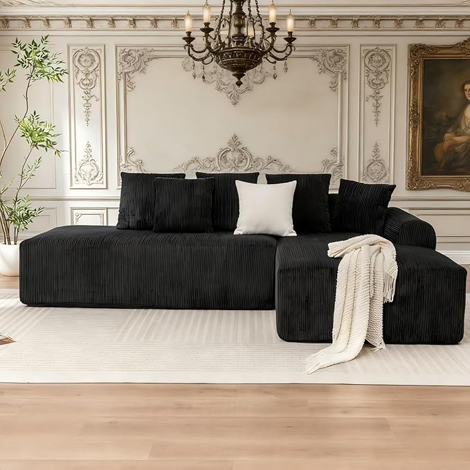 108 '' W Boneless Couch with L-Shape Chaise,No Assembly Required, Upholstery Corduroy Cloud Couch with Deep Seats and 5 Pillows Back, Free Combination (Black)