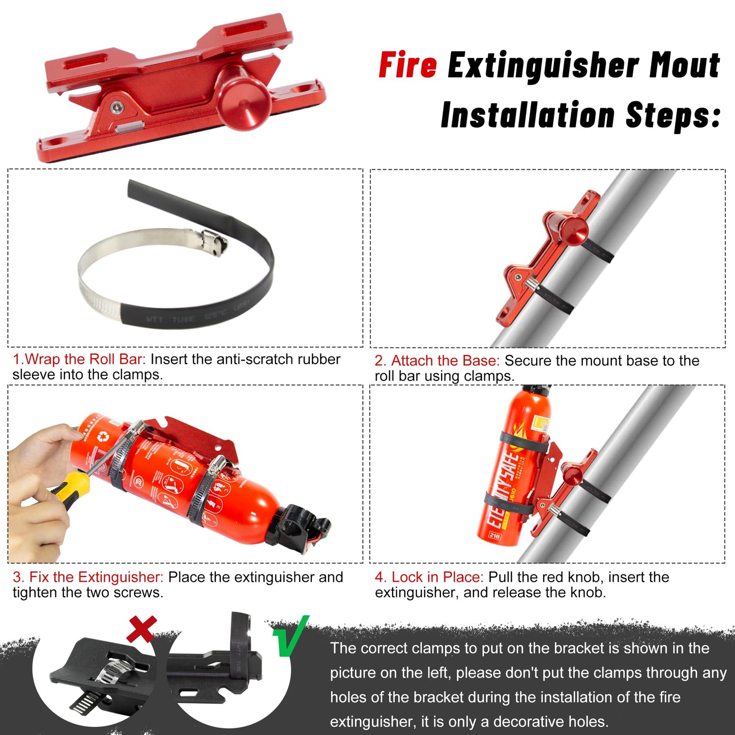 Quick Release Fire Extinguisher Mount - Aluminum Adjustable UTV Roll Bar Fire Extinguisher Holder Mounting Bracket Compatible with Jeep Wrangler TJ JK JL JKU Polaris RZR Ranger Can-Am X3, Red