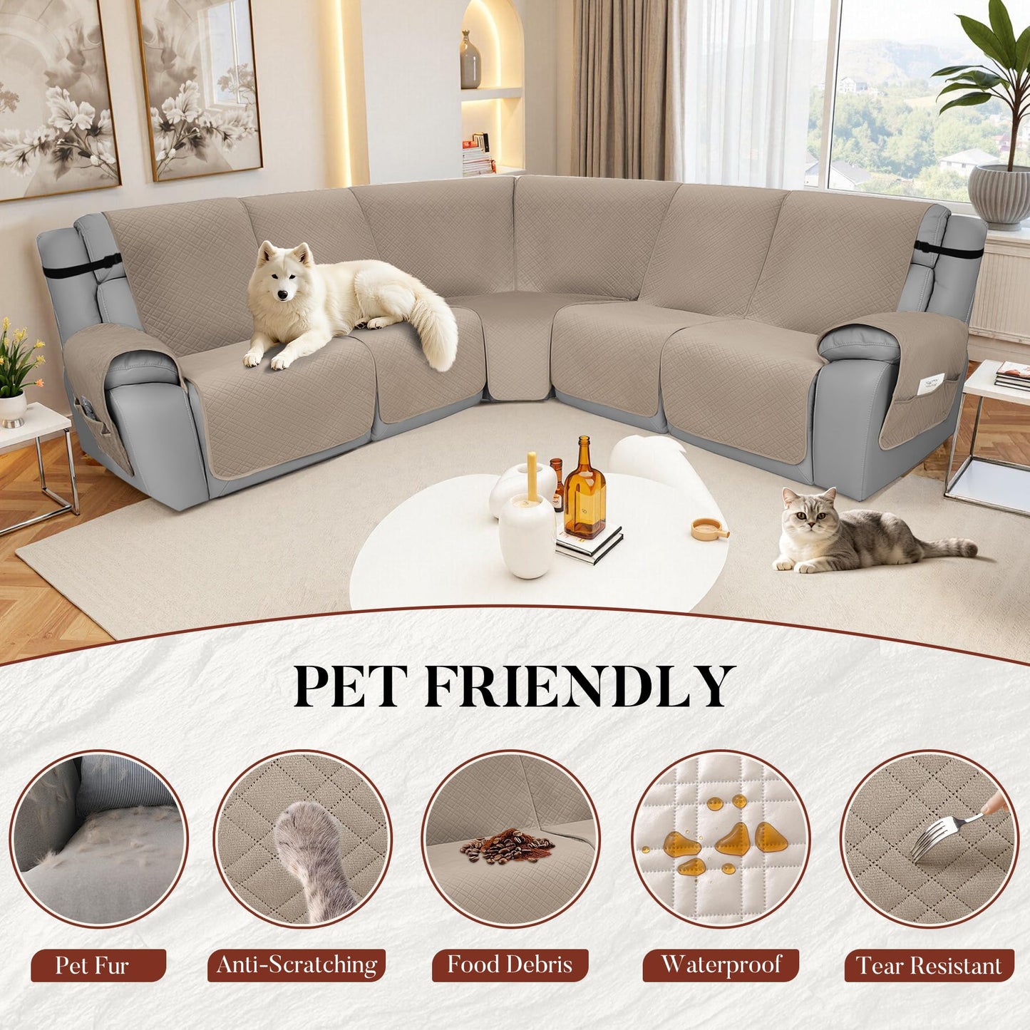 YUEVELLA Velvet 1OO% Waterproof Reclining Sectional Couch Covers for Sectional Sofa L Shape 7-Piece Quilted Corner Recliner Sofa Cover Slipcovers Set Washable (5 Seater, Khaki)