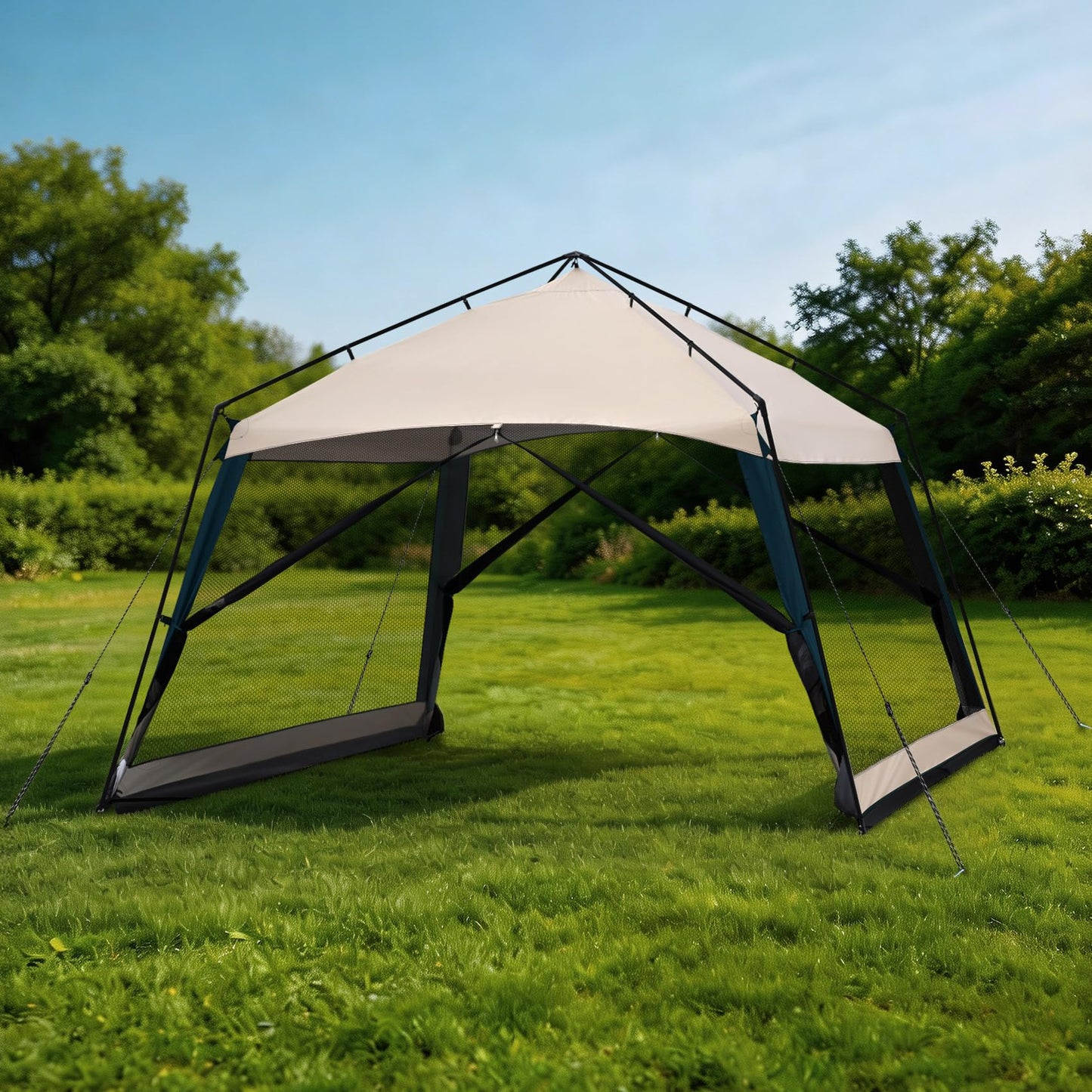 Superrella 12 x 12 FT Camping Screen Tent for 8-10 Person, Easy Setup Screen House with UV 50+ Sun Protection & Mosquito Net for Camping, Backyard, Picnic, Patio, Outdoor, Beige & Navy