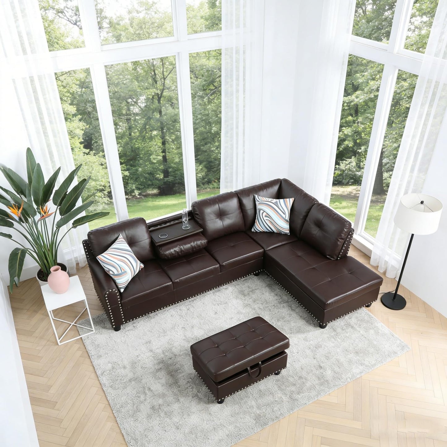 Trygoal 97.5 inch L-Shape Sofa with Storage Ottoman & Reversible Coffee Table, Leather Sectional Couch with Right Chaise, Modern 3-Piece Sofa Set, Upholstered Couch Set with Solid Wood Frame, Brown
