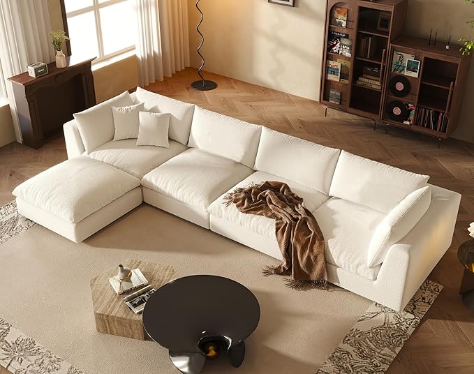 Fajiani Oversized Modular Sectional Sofa,Cloud Couch Deep Seat Sofa Cushion Covers Removable, Oversized Sectional Couches for Living Room (5 Seater-Cream White)