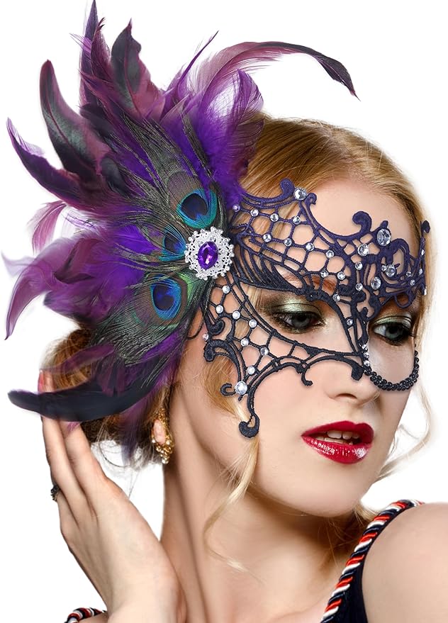 Zinniday Halloween Masquerade Masks for Women - 2026 Peacock Feather Lace Mask 1920s Venetian Eyemask for Party