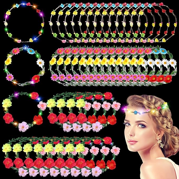 Retrowavy 100 Pcs Light up Flower Crown LED Floral Crowns Headband Garland LED Tiara Luminous Glowing Flower Hair Headpiec...