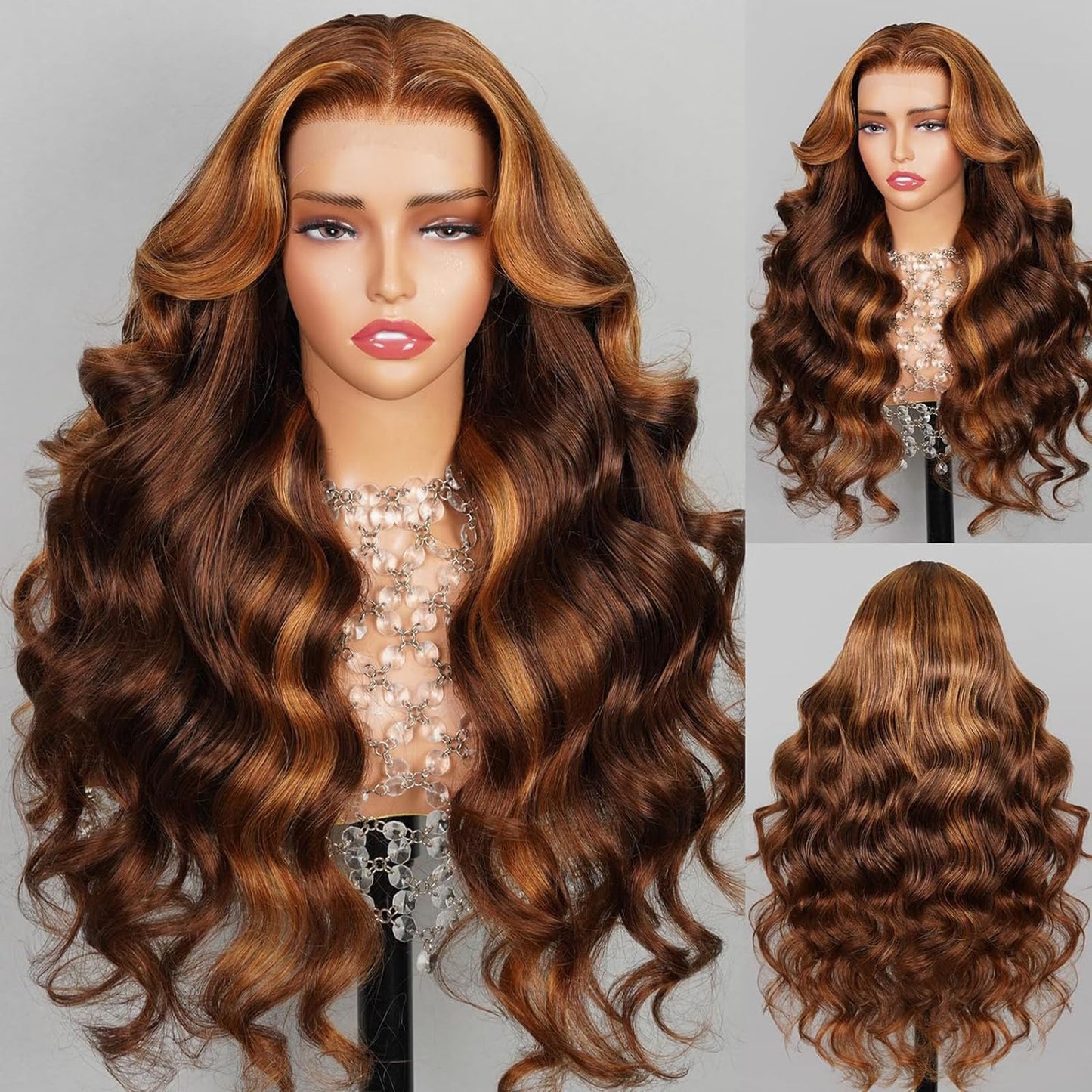 Peenoll Human Hair Wig - Highlight P4/30, Lace Frontal Closure, Body Wave, Pre Plucked, Pre Cut, Glueless, Elastic Band, 200% De