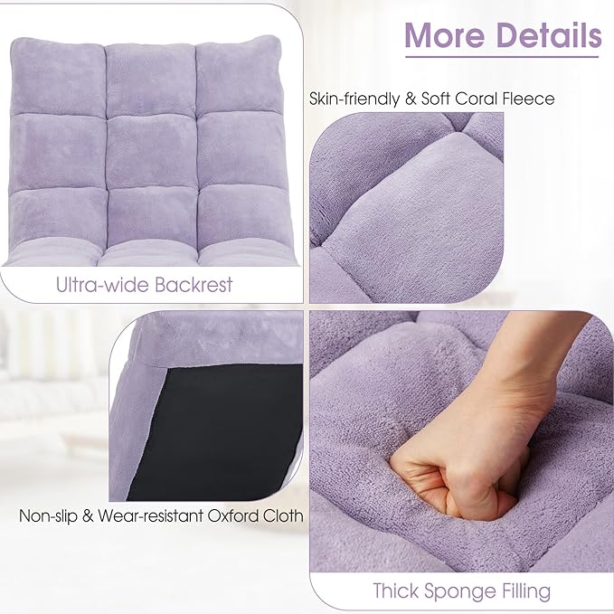 MAT EXPERT 14-Position Floor Chair, Floor Gaming Chair w/Soft Coral Fleece, Alloy Steel Frame, Padded Lazy Couch Recliner, Floor Chair w/Back Support for Reading, Meditating (Light Purple)