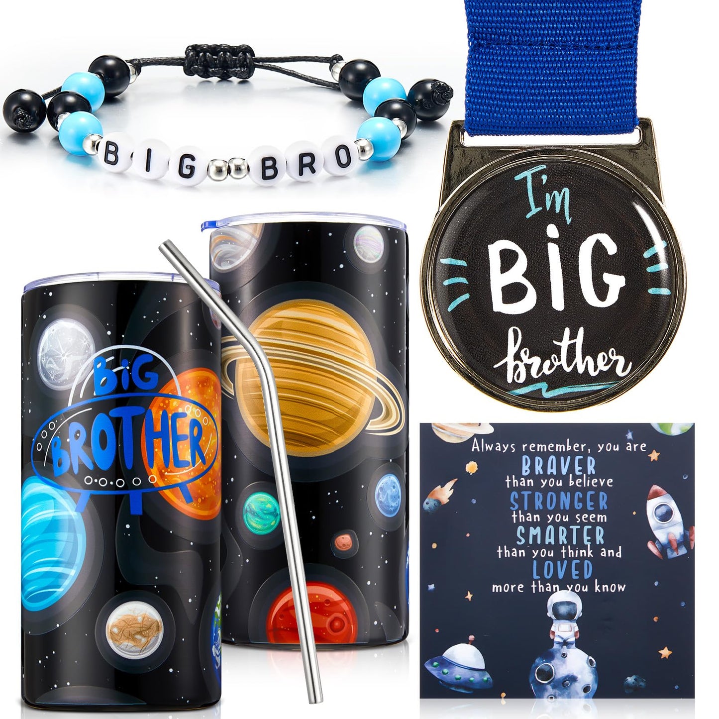 Sieral 4 Pcs Big Brother Gift Sets New Big Brother Tumbler with Straw Beaded Bracelet Medal with Lanyard Inspirational Card Baby Shower Gifts New Baby Birthday Party Favors for Little Boys(Space)