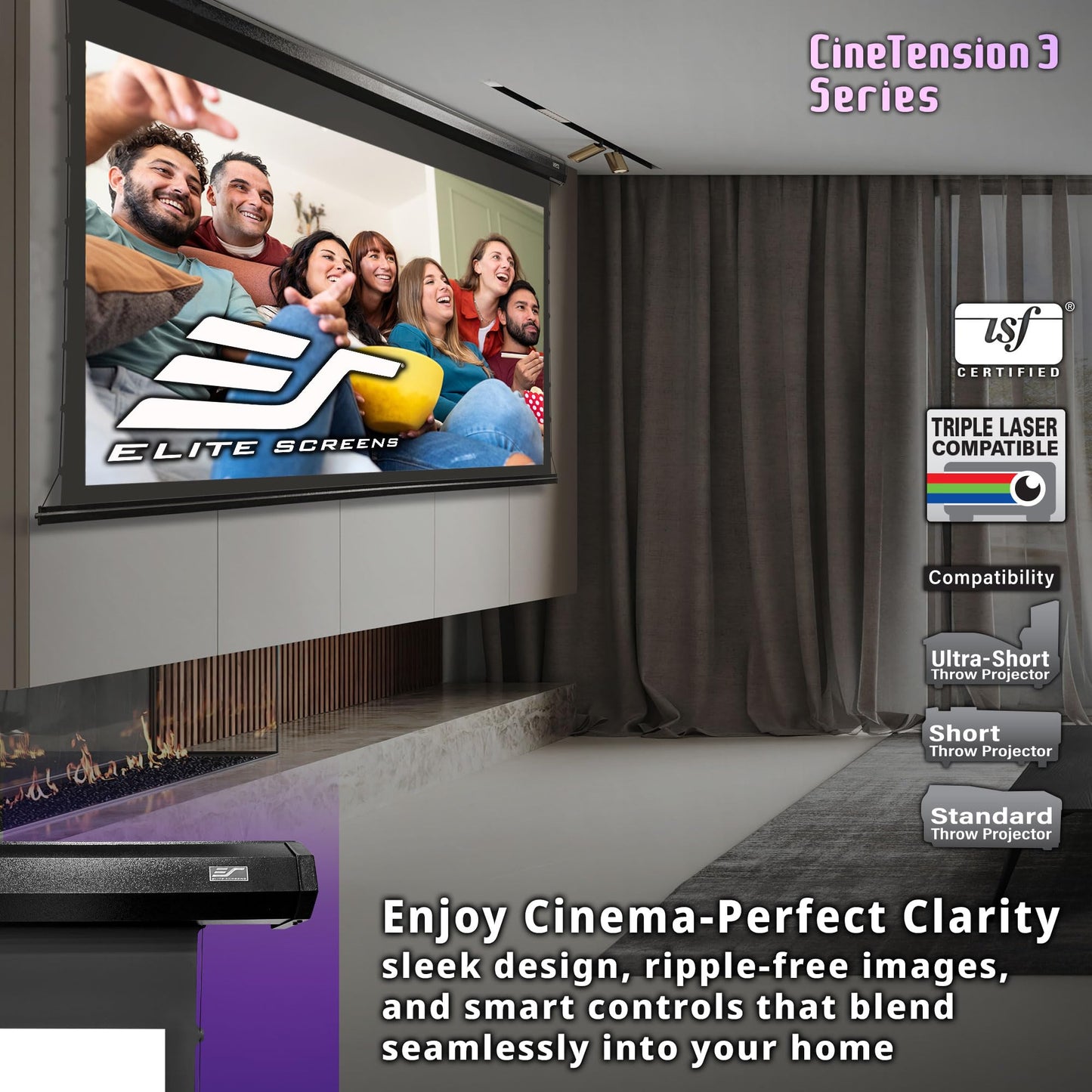Elite Screens CineTension 3 Projector Screen, 120-inch 16:9, Indoor Electric Motorized ISF Material Tab Tension Home Theater Automatic Front Projection Movie Office Presentations, TE120HW3, Black