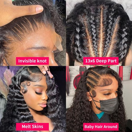 13x6 Deep Wave Lace Front Wigs Human Hair 200 Density HD Transparent Lace Front Wig 24 inch Curly Lace Frontal Wigs for Women Pre Plucked Natural Black