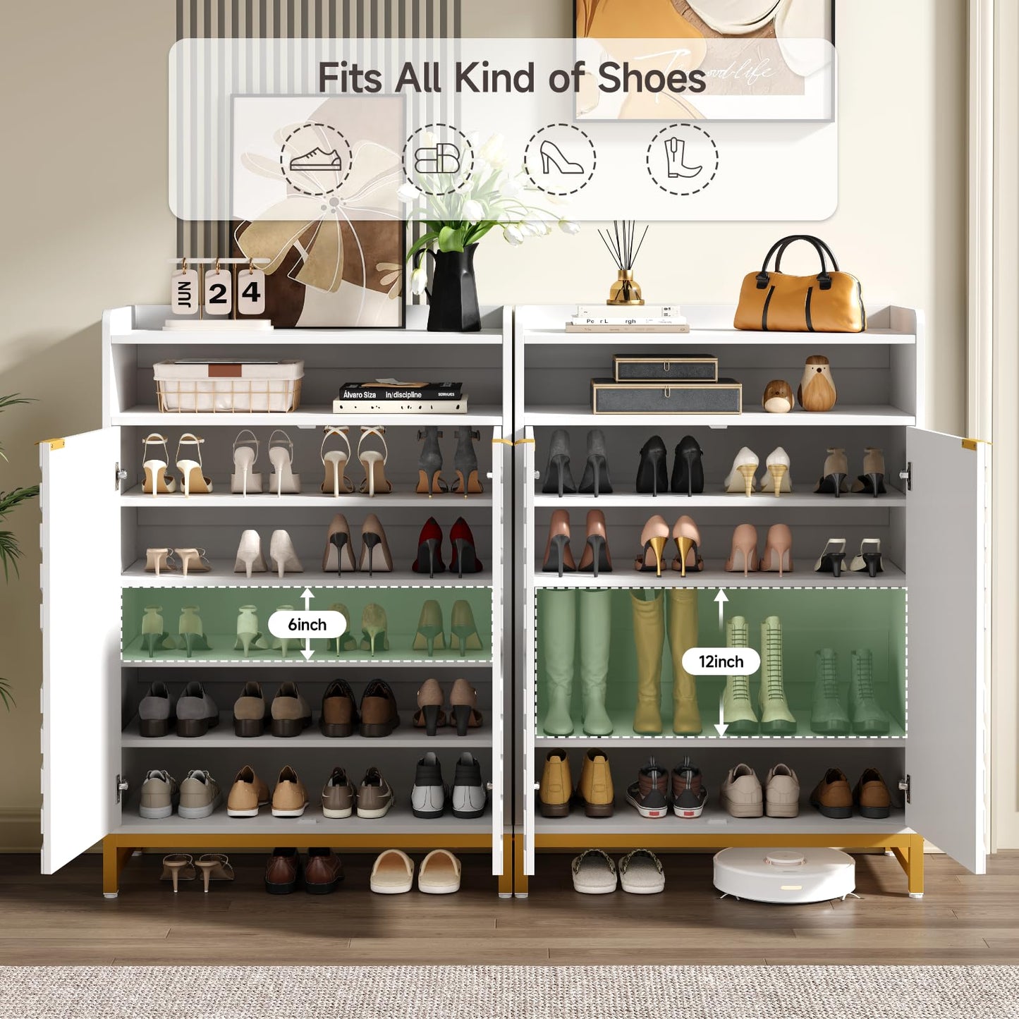 ONBRILL Shoes Cabinet for Entryway,6-Tier Shoe Storage Cabinet with Hombus Line Doors and Adjustable Shelves, Wooden Shoes Rack Modern Shoe Storage Organizer for Hallway, Living Room, White & Gold