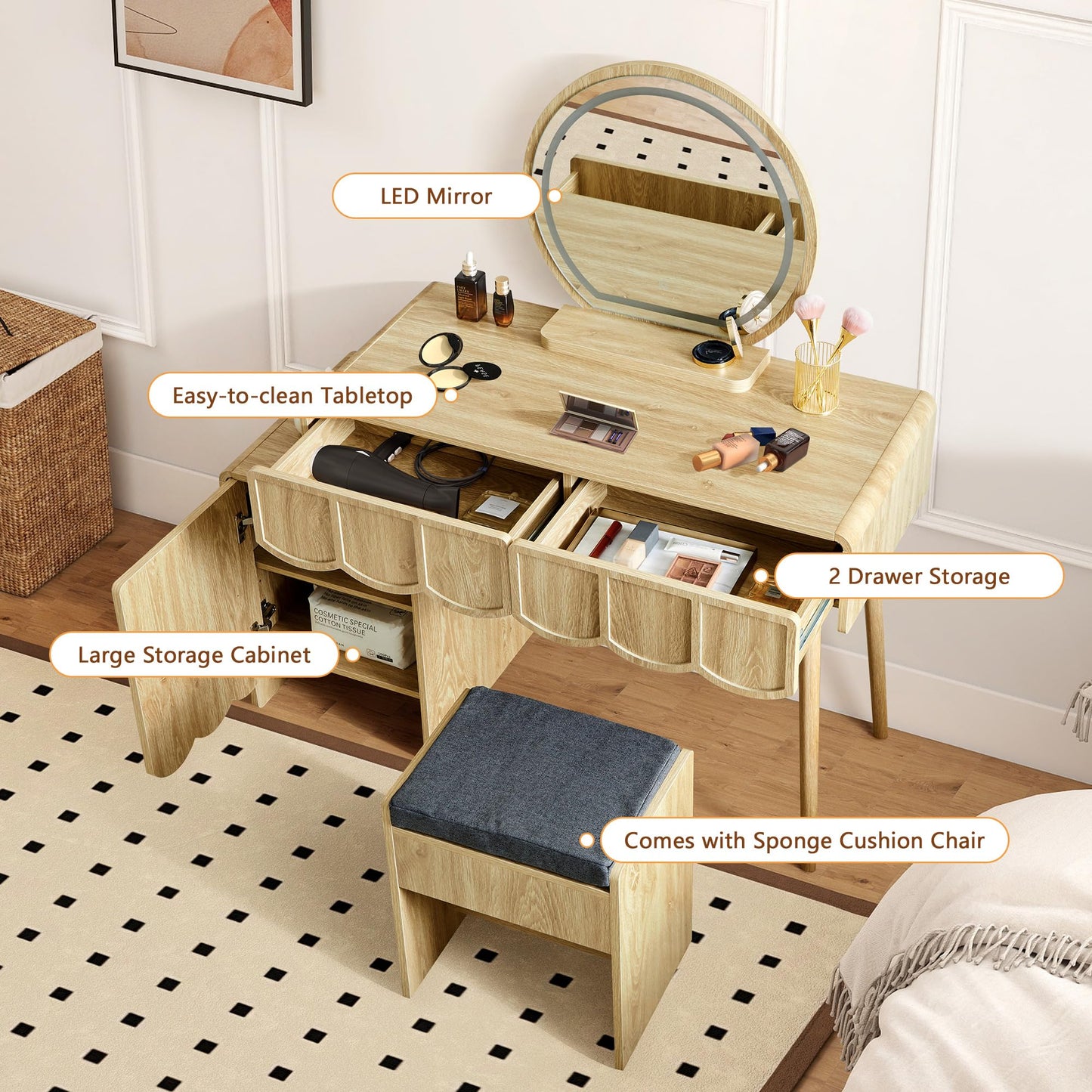 ORRD Vanity Desk with Mirror and Lights, Modern Wood Wave Panel Vanity Desk Set Makeup Table with Drawers and Cabinet, Dressing Table with Storage for Bedroom, Natural
