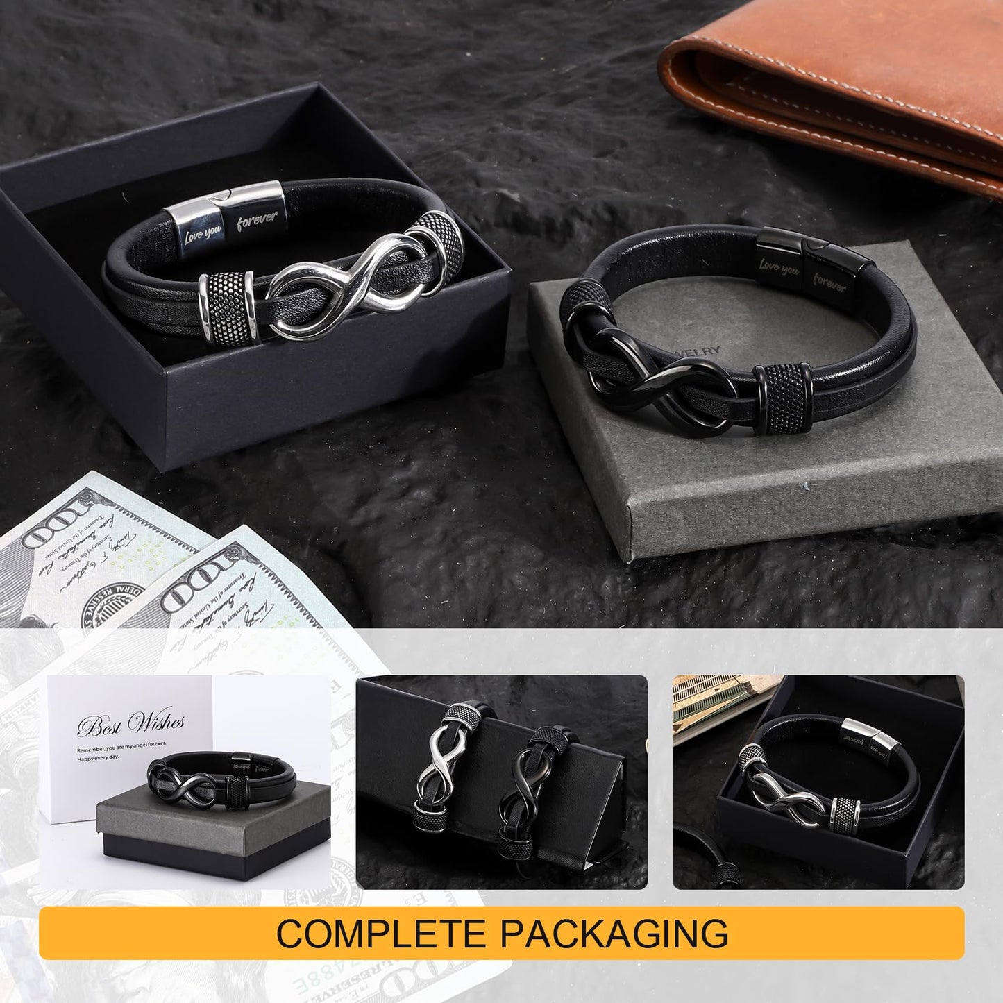 HSM Gifts for Men – Premium Leather Bracelet for Men with Infinity Symbol & Engraved 'Love You Forever' – Stylish & Mens Bracelet for Husband, Boyfriend, Gift Box Included