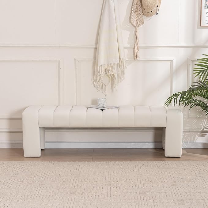 AIITTCC Velvet End of Bed Bench Upholstered Modern 59" Bedroom Bench for King Bed Bench Tufted Window Bench Comfy Long Ottoman for Living Room/Entry/Indoor (Ivory White, 59" Wide)