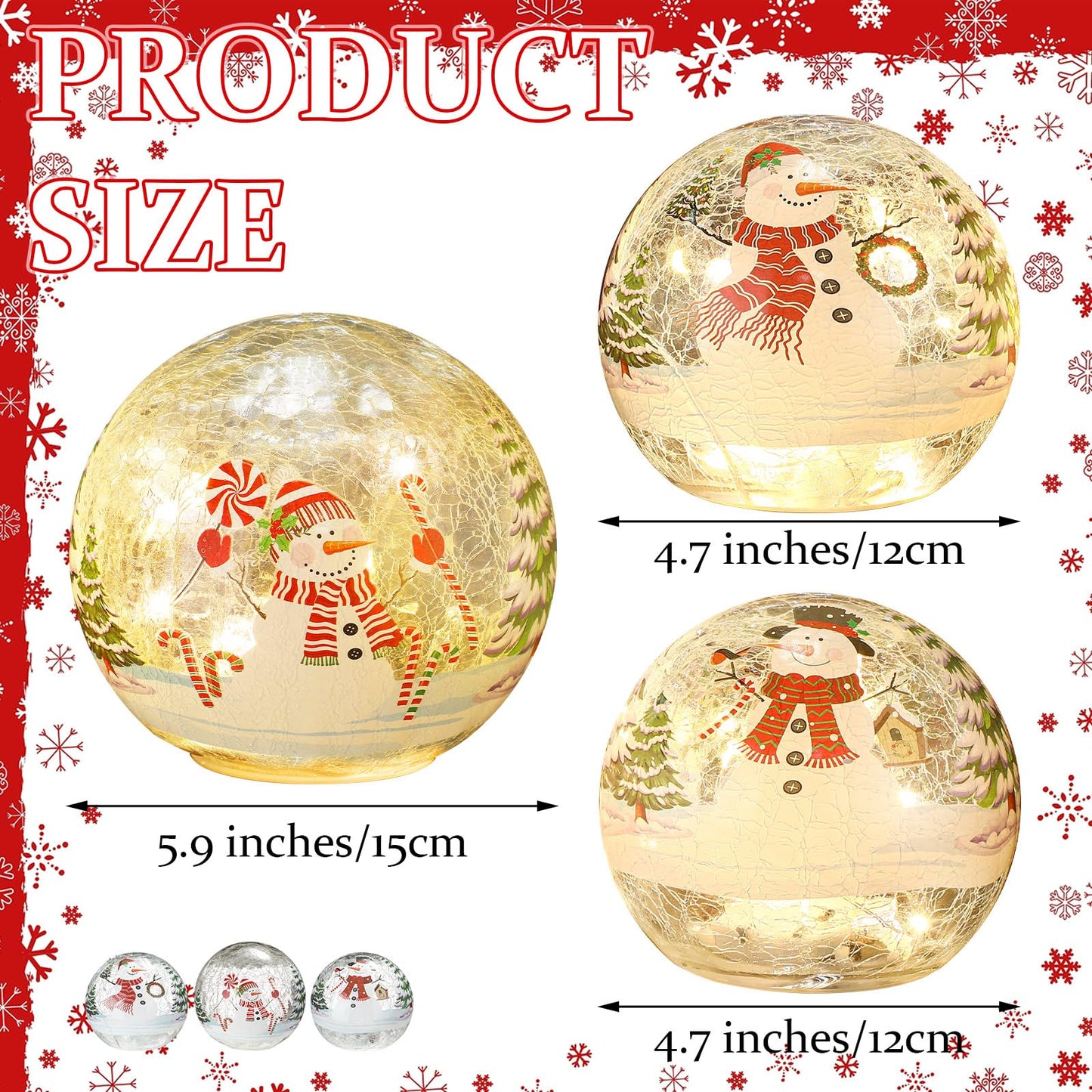 Soulchen 3 Pcs Christmas Decorations Indoor Snowman Globe Crackle Glass Ball Lamp with LED Lights Tabletop Xmas Decor Christmas Table Decorations for Home Fireplace Mantel