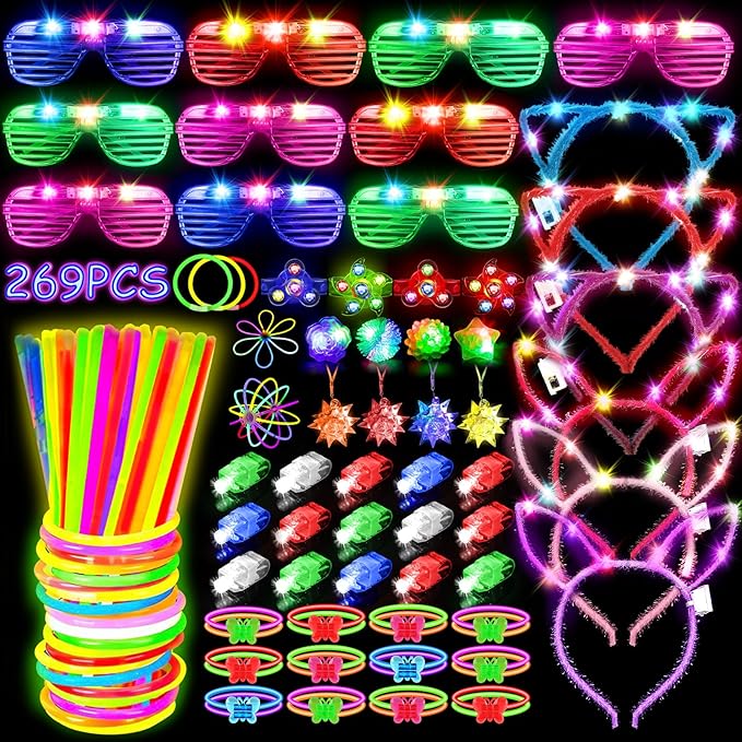 MIBOTE 269Pcs Led Light Up Toys Party Favors Glow in the Dark Party Supplies for Kid/Adults Halloween with Light Up Glasse...