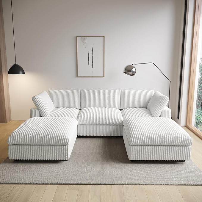 WJShome Cloud Couch Modular Sectional Sofa,118" Oversized U Shaped Couch with Ottoman,5 Seater Convertible Sofa,Comfy Plush Couches for Living Room,Covers Washable&Replaceable (White)