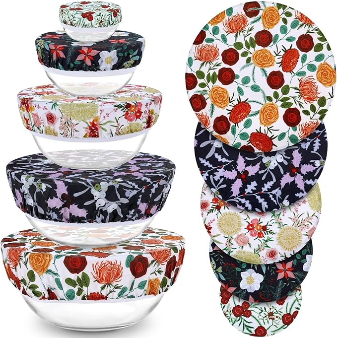 5-Size Beeswax Bowl Covers for Bread Proofing, Reusable Cotton Cloth Bowl Covers, Flexible Beeswax Wraps for Food Storage Christmas Holiday Kitchen Decor(Holly)