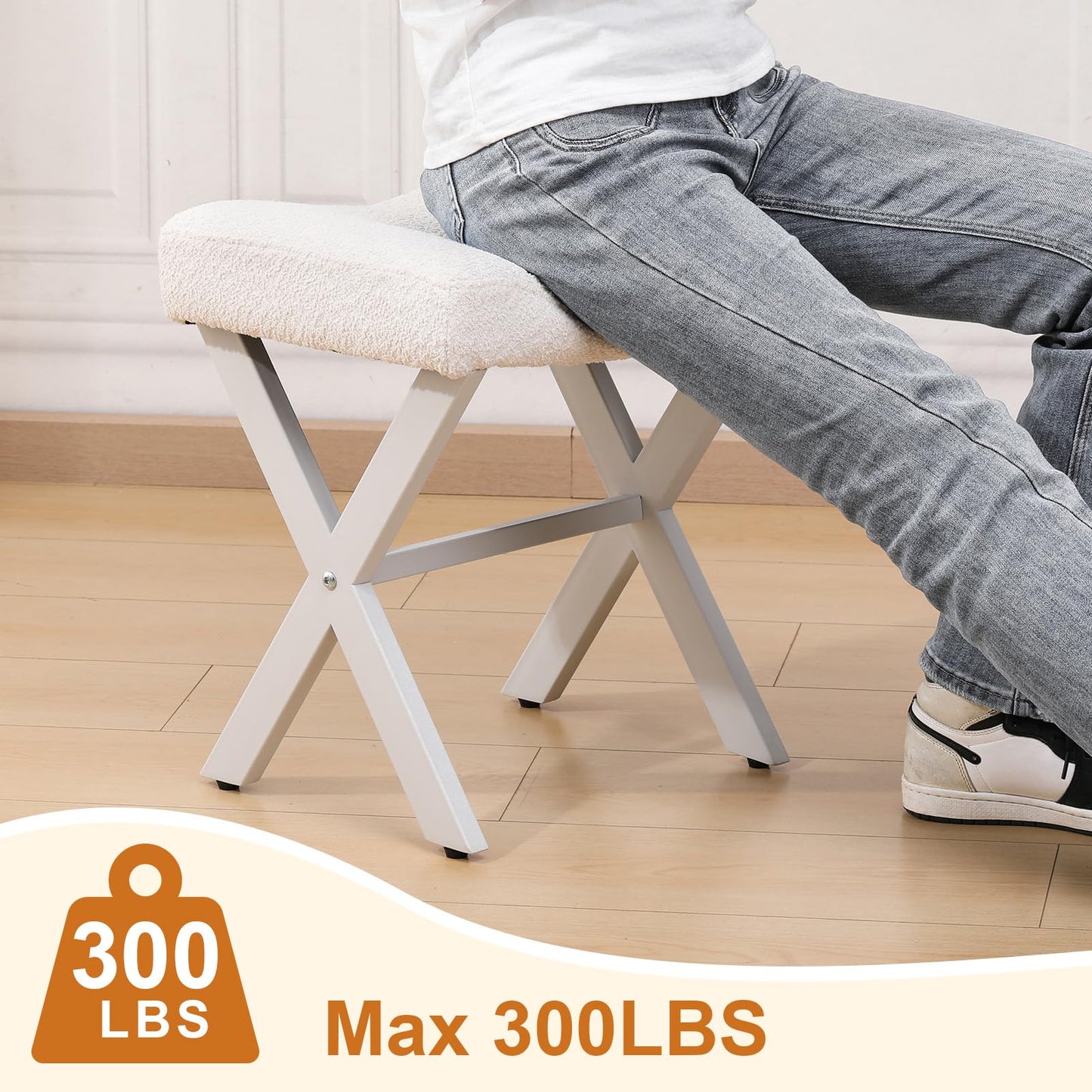 Memobarco 18-Inch Vanity Stool Chair, Vanity Bench with Metal X-Legs, Ottoman Foot Stool with Breathable and Soft Boucle Fabric Saddle Seat, White