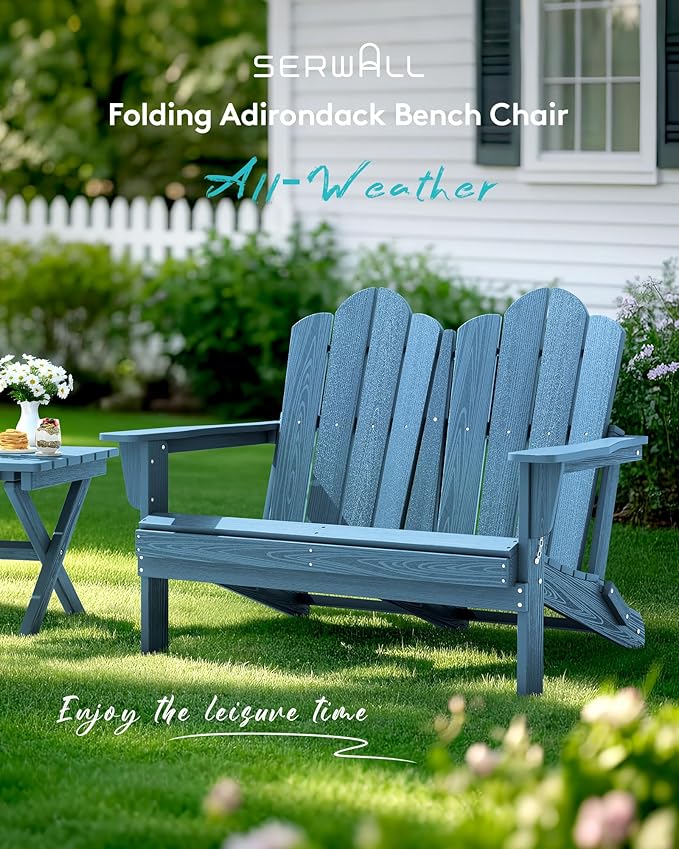 SERWALL Outdoor Folding Adirondack Bench, HDPE All-Weather Adirondack Loveseat, 660 lbs Capacity, Foldable Outdoor Patio Bench for Deck, Lawn, Garden, Navy