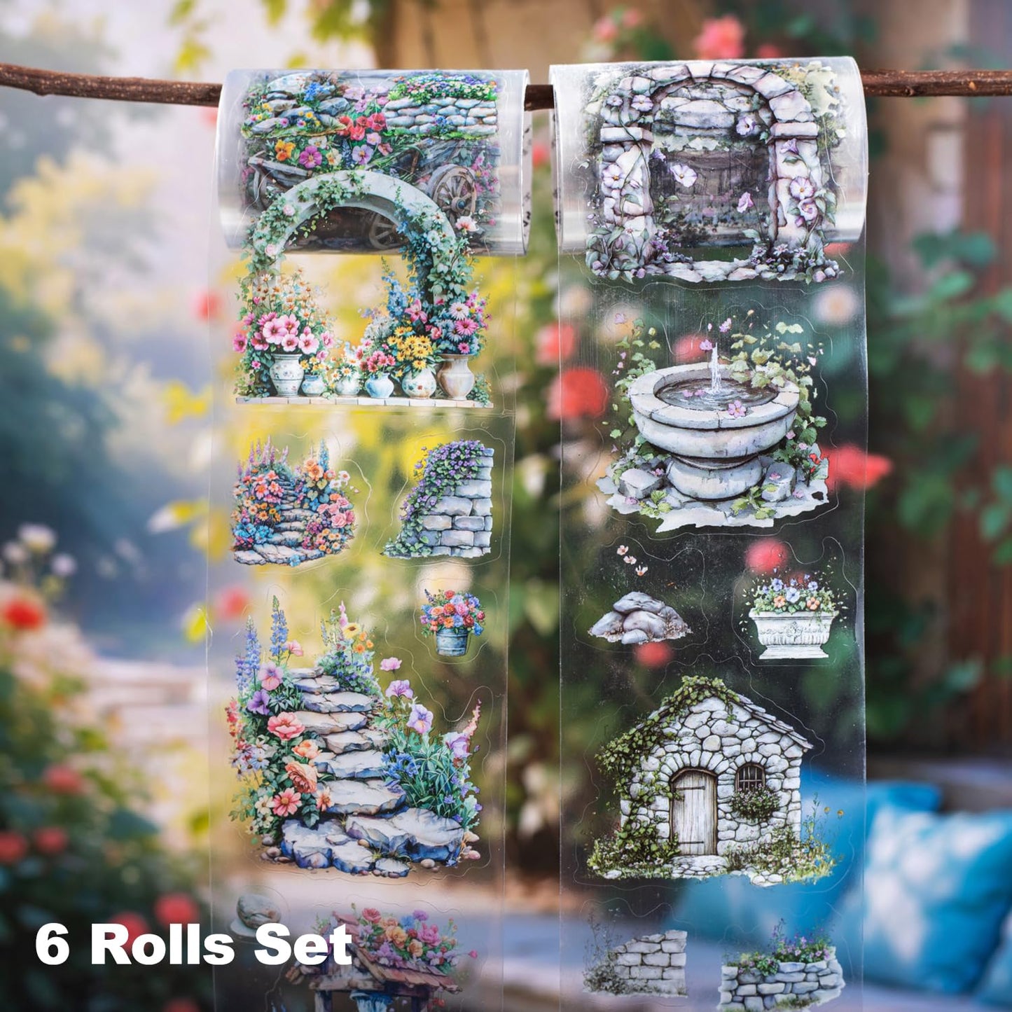 Stone Landscape PET Tape Set, 6 Rolls Pre-Cut Garden Scenery Stickers for Scrapbooking, Journaling, DIY Crafts, and Gift Wrapping