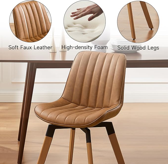 Art Leon Dining Chairs Set of 4, Mid Century Modern Swivel Kitchen Dining Room Chairs, Upholstered Faux Leather Armless Side Chairs with Wood Legs for Living Room Bedroom, Red Brown