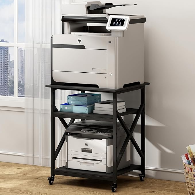 Fannova Printer Stand, 23.6 x 23.6 x 30.1 Inches Large Square Printer Table with Height Adjustable Storage Shelf, 3 Tier Rolling Printer Cart with Industrial Wheels for Home Office - Black