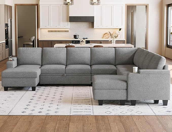 Belffin Oversized Sleeper Sofa U Shaped Modular Sectional Couch with Double Storage Chaise Convertible Sofa Bed. Light Gery Couch