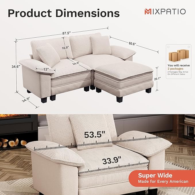 87-Inch L Shaped Sectional Sofa with Cloud Cushions, Deep Seat Modular Couch Set w/ 3 Seats & 1 Ottomans, Removable Arms, Chenille & Corduroy Upholstery for Living Room, Apartment - Beige
