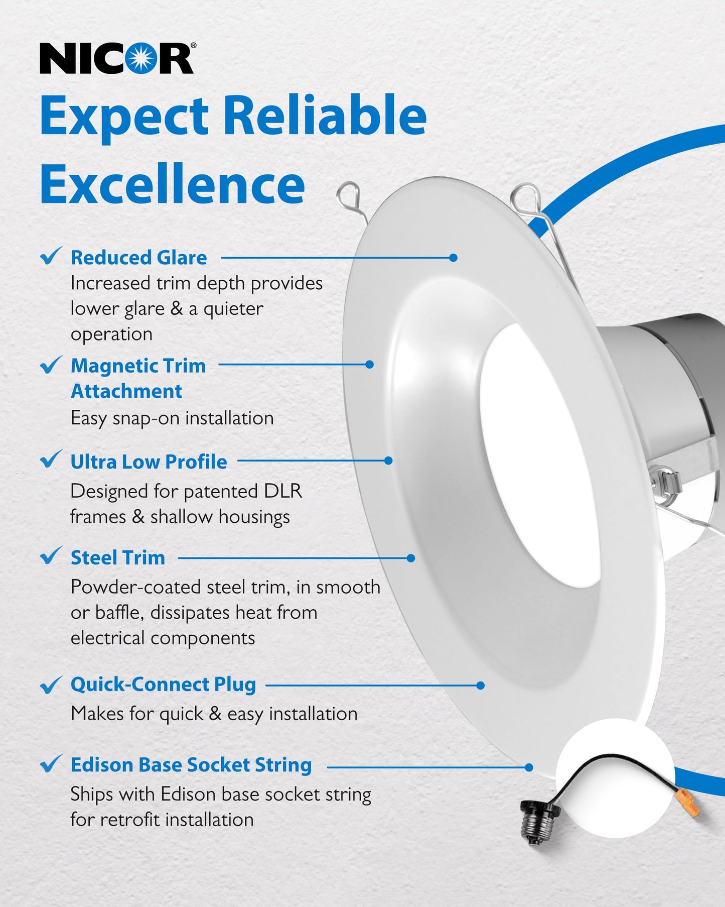 NICOR Lighting Recessed Ceiling Lights LED Downlight - Dimmable 5/6 inch LED Recessed Light Fixtures - Selectable CCT 2700K-5000K, 918 Lumens, 10.3W - DLR56 Retrofit Ceiling Light, White, 12-Pk