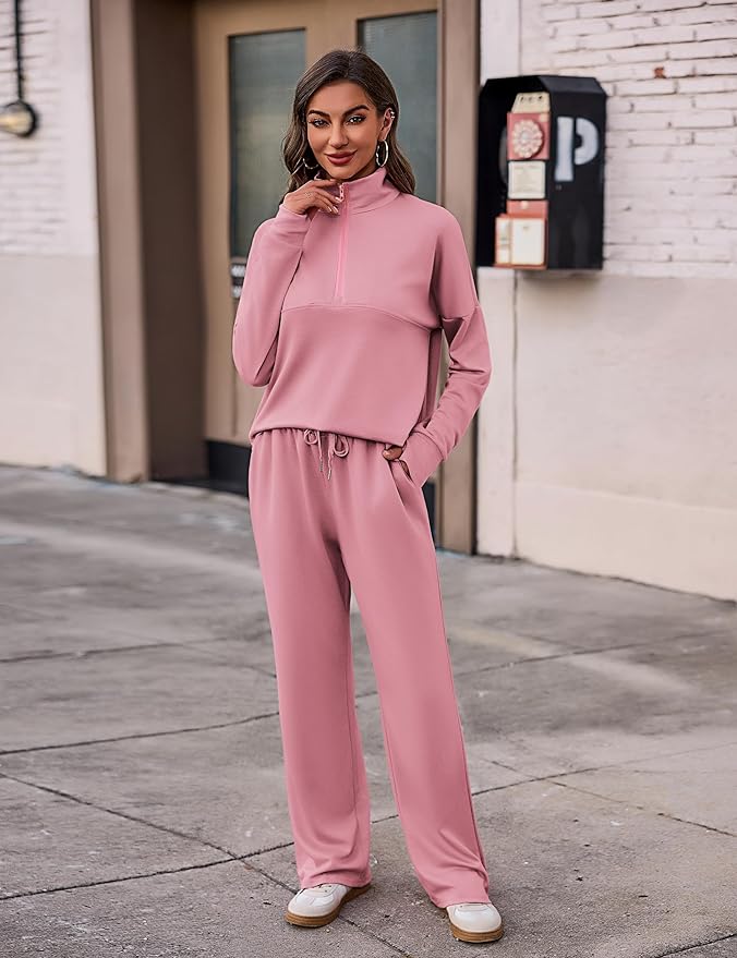 Totatuit Womens Sweatsuits 2 piece Set Lapel Half Zip Lightweight Sweatshirts and Wide Leg Pants Tracksuit Lounge Sets
