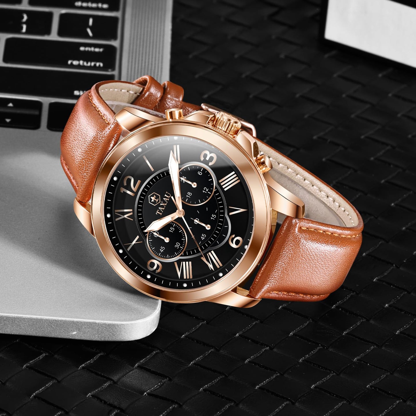Taxau Mens Watches Waterproof Leather Watches for Men Classic Chronograph Men's Dress Watch Casual Business Analog Quartz Mens Wrist Watch Brown Band with Date Luminous
