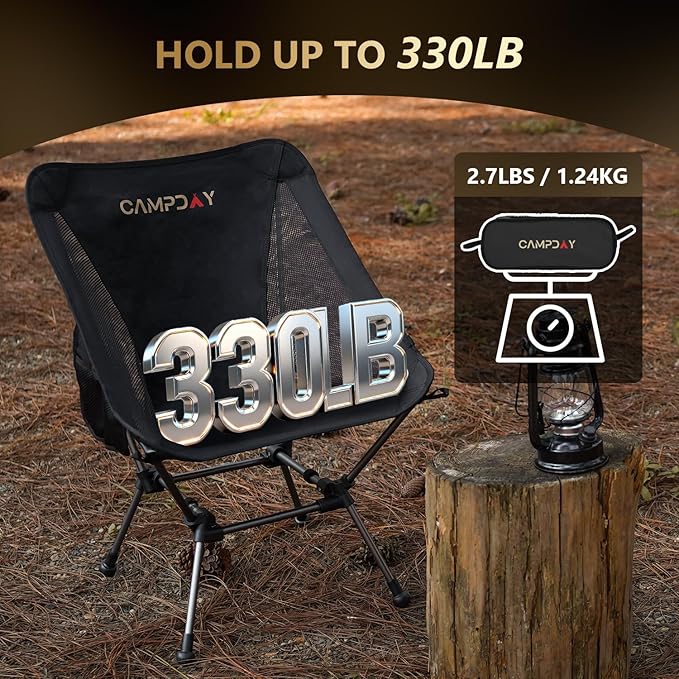 Campday Camping Chair Portable Hiking Ultralight Backpacking Small Lightweight Folding Chair for Outdoor Camp Hunting Beach Picnic Concert, Supports 330lbs (Black,1PCS)