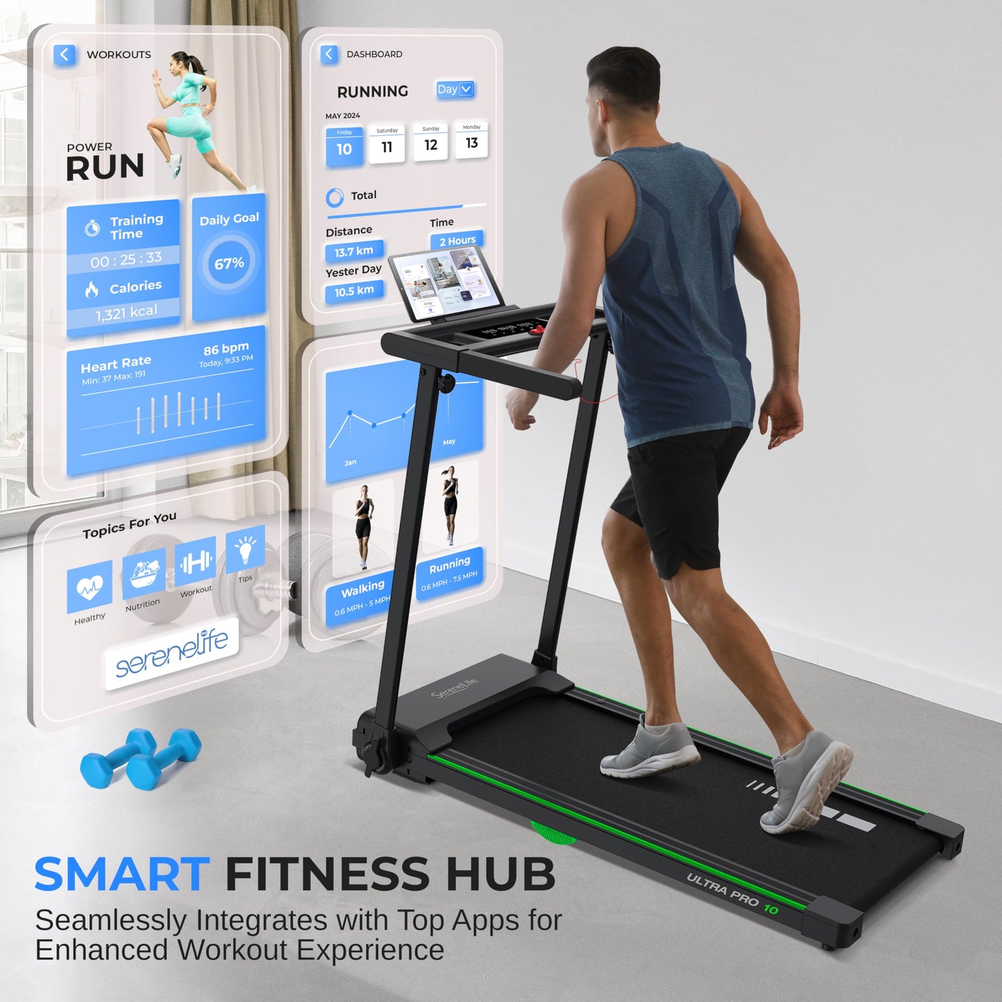 SereneLife Foldable Treadmill 2.5HP | Folding Running Machine with 12 Preset Programs, LED Display, Tablet Holder, Shock Absorption, & 0.6-7.5 MPH Speed | Supports 265 lbs | Indoor Home Gym