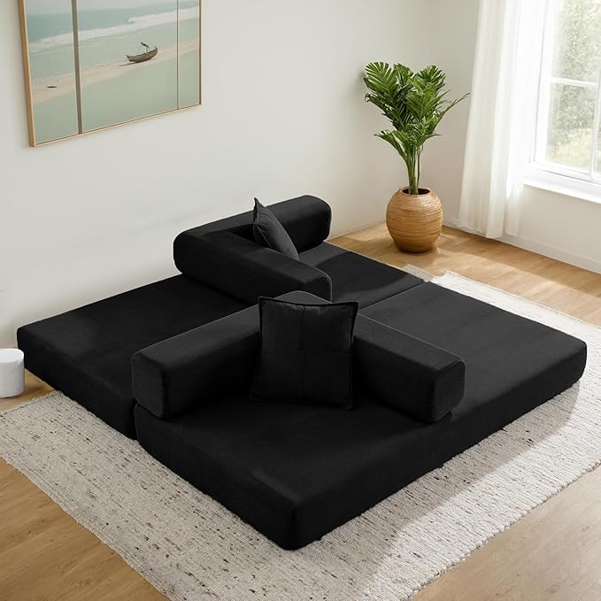 Convertible Couch Sofa Bed Foldable Floor Sleeper | Modern Fold Out Deep Seat Couch | Removable Backrest & Armrests | No Assembly Compression Sofa Sleeper for Living Room, Bedroom | Black Corduroy