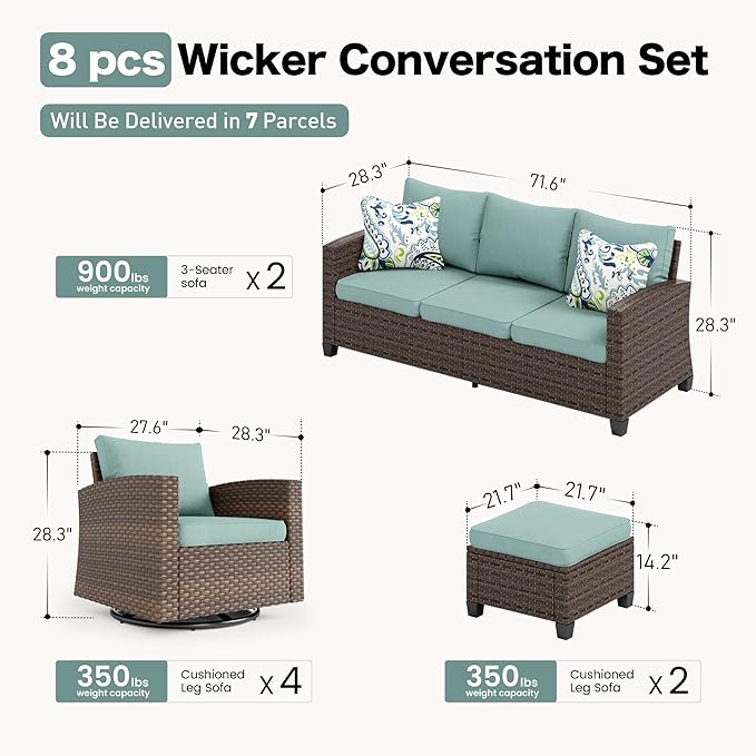 SUNSHINE VALLEY Swivel Glider Patio Furniture Set Outdoor Furniture Brown Wicker Rattan Patio Conversation Sets with Cushion Outside Sofa Set,8 Pieces,12 Seats,Blue