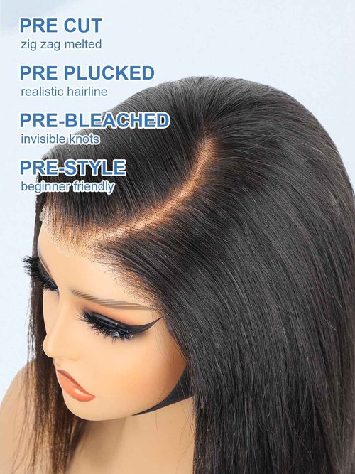 12 Inch Bob Straight Side Part 7x5 Wear and Go Glueless Wigs Human Hair Pre Cut Pre Plucked Bleached HD Lace Front Bob Wig Human Hair 180% Density Short Straight Wigs for Black Women