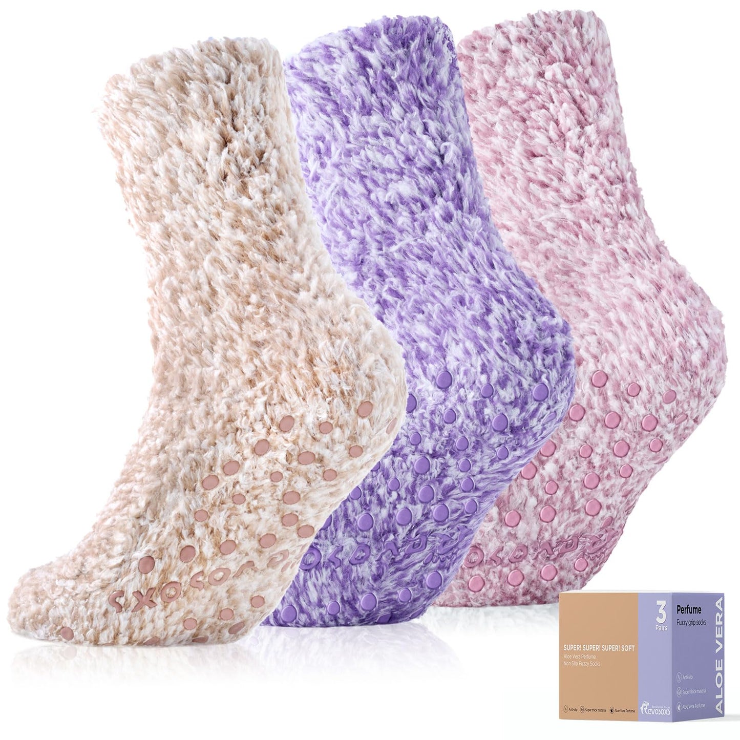 Revosoxs Fuzzy Socks with Grips for Women Men,Non Slip Hospital Crew Cozy Socks with Aloe Vera Perfume(Brown+Purple+Pink)