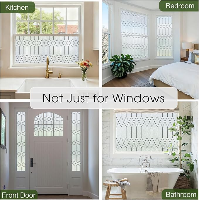 Windimiley Window Privacy Film Stained Glass Static Clings, Bathroom Frosted Leaded Decorative Window Stickers, UV Heat Blocking Opaque Removable for Home Door Coverings (29.5 x 118.1in,Pure)