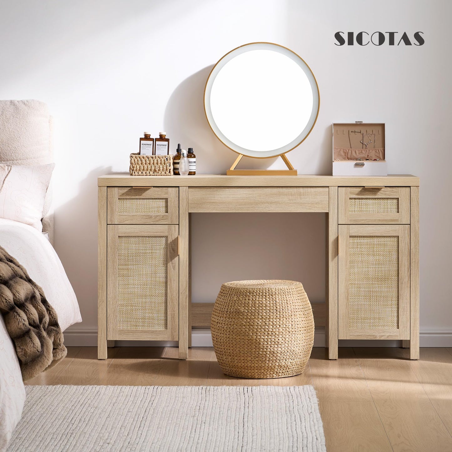SICOTAS Rattan Vanity Home Office Desk - 52" Large Farmhouse Boho Makeup Vanity Dressing Table with 3 Drawers & 2 Storage Cabinets, Vanities Desk for Makeup Room, Bedroom, Home Office, Light Oak