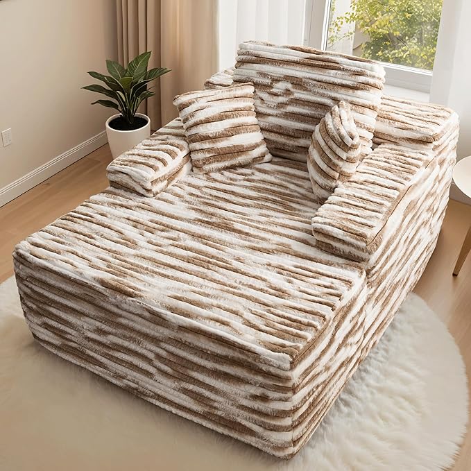 ovios 67'' Chaise Lounge Chair Indoor, Oversized Upholstered Sofa Bed, Sleeper Couch Reading Chairs Fluffy Plush Faux Fur Cloud Sofas Couches for Living Room, Brown Zebra Print