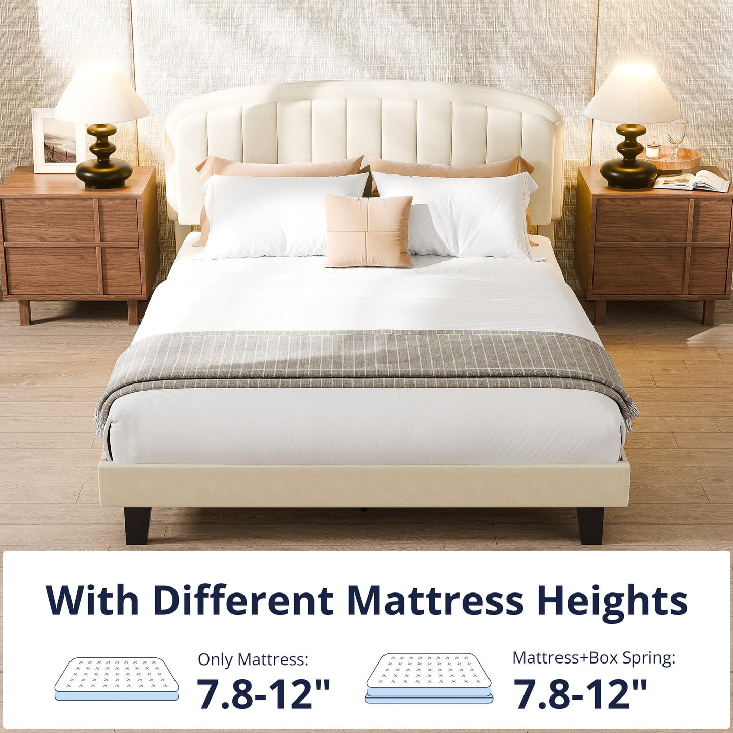 Cozy Castle Queen Bed Frame, Upholstered Platform Bed with Velvet Adjustable Curved Headboard, Mattress Foundation with Strong Wooden Slats, No Box Spring Needed, Easy Assembly, Cream