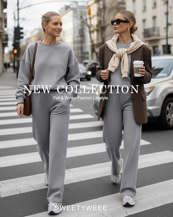 Sweetyweee Women's 2 Piece Outfits Set Fleece Lined Lounge Sweatsuit Crewneck Pullover Top Wide Leg Pants Casual Tracksuit
