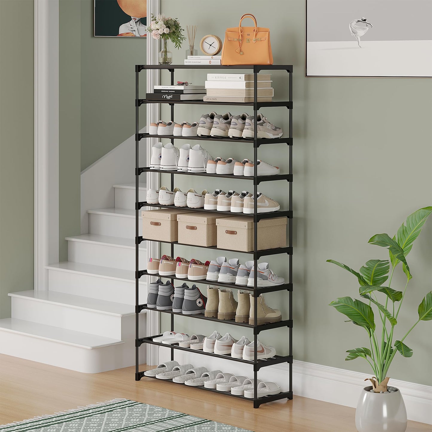 Calmootey 10-Tier Shoe Rack, Tall Large Capacity 50 Pairs Shoes Storage Organizer, Stackable Wide Shoe Shelf for Entryway, Hallway, Black